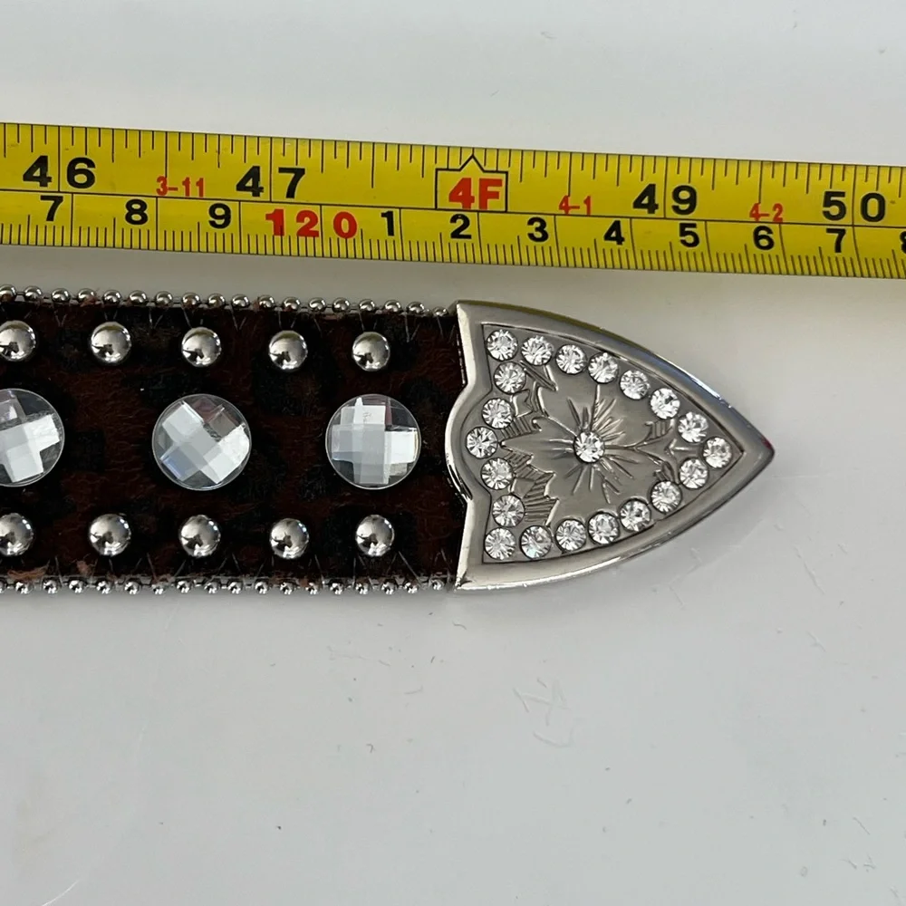 Leather Leopard‎ Print Rhinestone Silver Metal Western Studded Belt